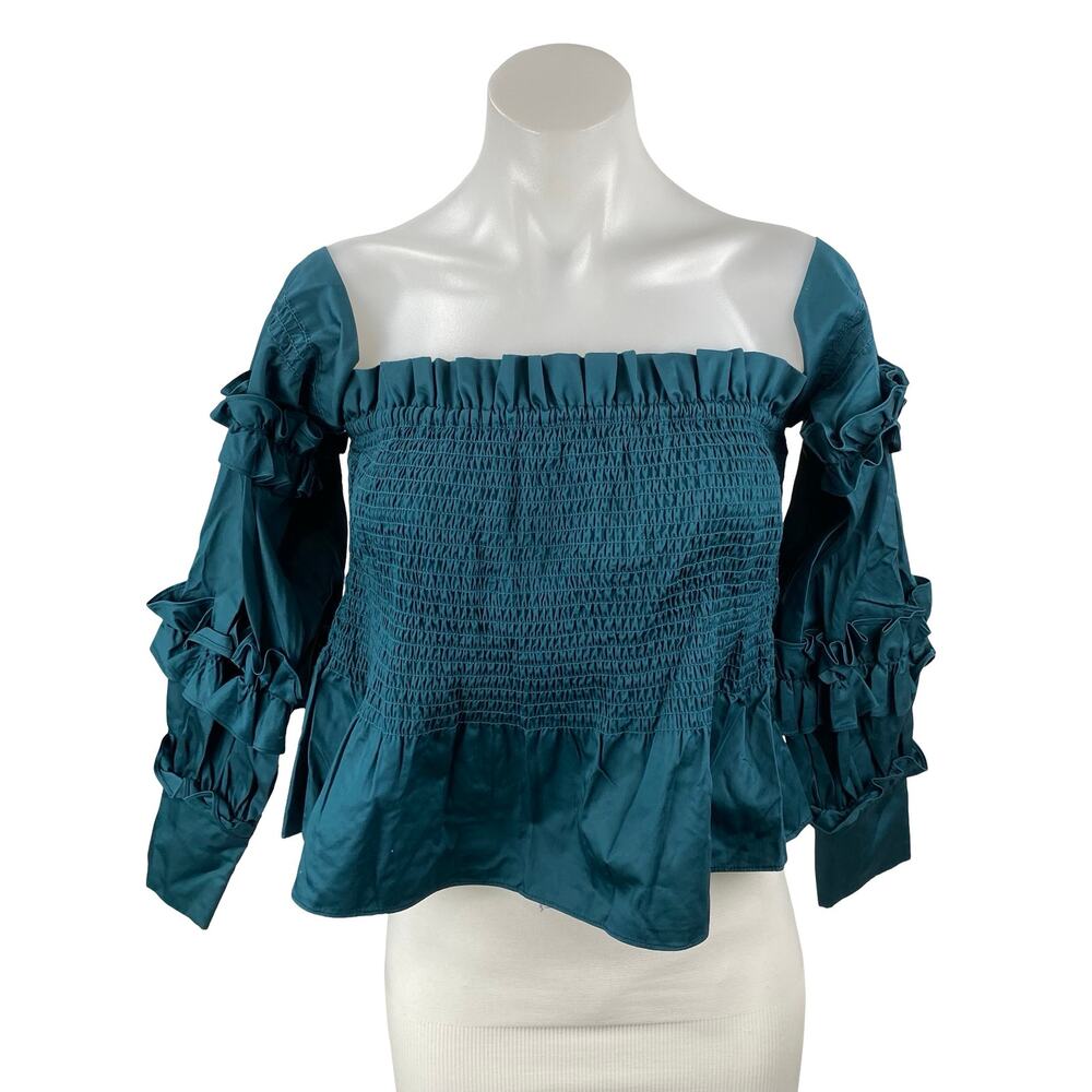Petersyn Women's Teal Blue Long Sleeve Ruffle Smocked Peplum Crop Top Size S